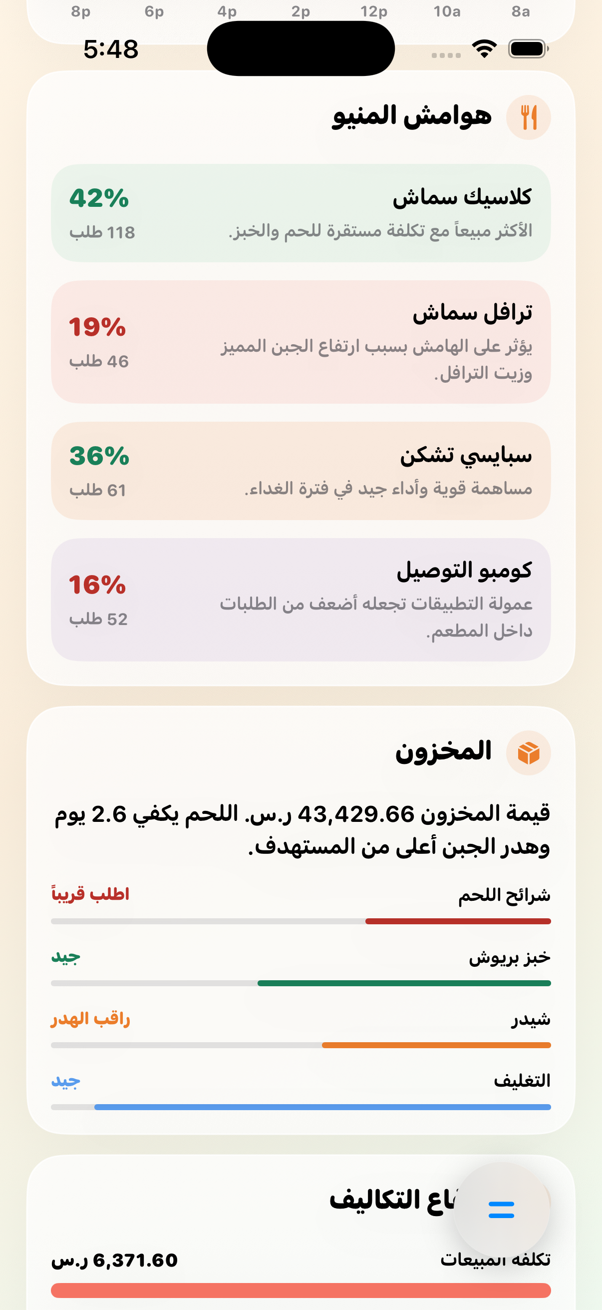 هوامش المنيو ومتابعة المخزون